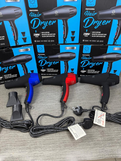 ajwa hair dryer all three colour black, red and blue laying at grey background with packing and attachments.